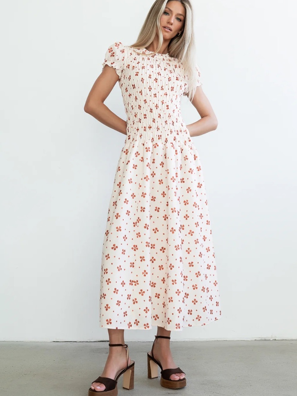 Bohme Ivory Floral Smocked Midi Dress - Ivory with Rust Floral Print